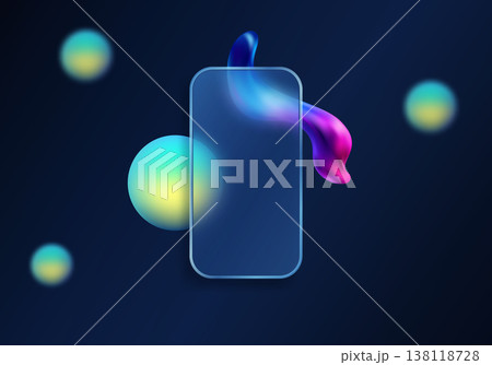 Glass morphism mobile app banner with vertical frosted panel neon ribbon and glowing spheres 138118728