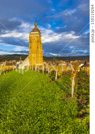 Bell tower of Notre Dame in Arbois, Jura vineyards Bell tower of Notre Dame in Arbois, Jura vineyards 138119264