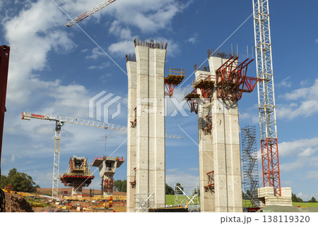 Building highway viaduct pillars with towering cranes in Czechia 138119320