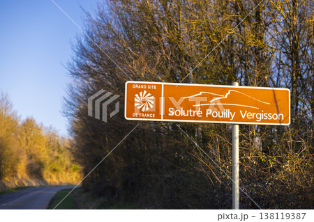 Grand Site de France Solutre Pouilly Vergisson road sign Grand Site de France Solutre Pouilly Vergisson road sign 138119387