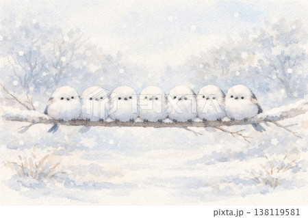 冬 シマエナガ エナガ団子 雪景色 水彩画のイラスト素材 [138119581