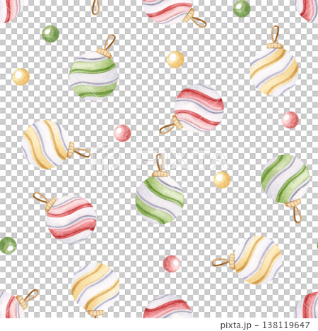 Christmas baubles ornaments watercolor seamless pattern on white. Hand drawn striped tree toys in pastel yellow, red and green colors. New Year hanging balls background for festive wrapping paper Christmas baubles ornaments watercolor seamless pattern on white. Hand drawn striped tree toys in pastel yellow, red and green colors. New Year hanging balls background for festive wrapping paper 138119647