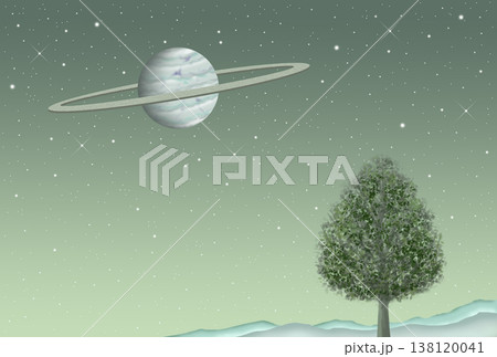 宇宙のイラスト - 惑星・樹木・星空・山影 138120041
