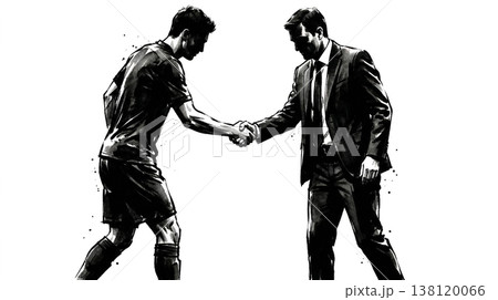 握手をするサッカー選手と監督の水墨画 138120066