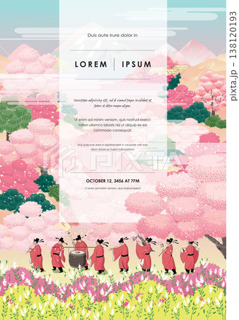 Joseon Dynasty Royal Court Musicians Parade Under Cherry Blossoms in Spring, Template Vector Illustration Joseon Dynasty Royal Court Musicians Parade Under Cherry Blossoms in Spring, Template Vector Illustration 138120193