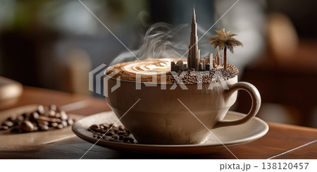 Artistic ceramic depiction capturing compact cityscape within coffee container surface 138120457