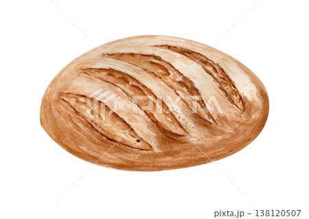 Rustic bread loaf watercolor illustration isolated on white background. Hand painted bakery product with crispy crust texture. Perfect for packaging, menu design, baking concept and food branding 138120507