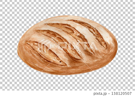 Rustic bread loaf watercolor illustration isolated on white background. Hand painted bakery product with crispy crust texture. Perfect for packaging, menu design, baking concept and food branding Rustic bread loaf watercolor illustration isolated on white background. Hand painted bakery product with crispy crust texture. Perfect for packaging, menu design, baking concept and food branding 138120507