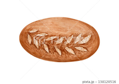 Artisan bread loaf, decorative scoring pattern watercolor illustration isolated on white background. Hand painted rustic bakery product crispy crust. Perfect for packaging, menu design, food branding 138120516