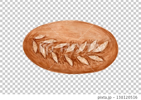 Artisan bread loaf, decorative scoring pattern watercolor illustration isolated on white background. Hand painted rustic bakery product crispy crust. Perfect for packaging, menu design, food branding 138120516