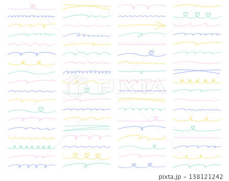 手書き風の線のベクターイラストセット。手描き、飾り、落書き、線画、ハート 138121242