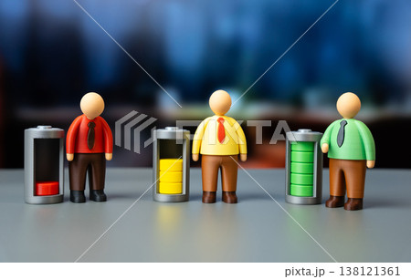 Office workers and energy levels as batteries. Avoiding burnout at work. Productivity management and mental health awareness improve efficiency. Work life balance supports sustainable performance Office workers and energy levels as batteries. Avoiding burnout at work. Productivity management and mental health awareness improve efficiency. Work life balance supports sustainable performance 138121361