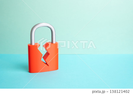 A cracked padlock. Security is compromised. The security system is compromised. Cyber risk exposes vulnerabilities. Data protection and system defense are critical for business continuity A cracked padlock. Security is compromised. The security system is compromised. Cyber risk exposes vulnerabilities. Data protection and system defense are critical for business continuity 138121402
