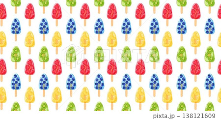 Seamless pattern with fruit ice pops in cartoon style. Repeating summer dessert background for wallpaper, wrapping paper, packaging and menu design. Seamless pattern with fruit ice pops in cartoon style. Repeating summer dessert background for wallpaper, wrapping paper, packaging and menu design. 138121609