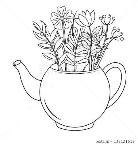 Teapot with bouquet of flowers, black outline, doodle coloring book Teapot with bouquet of flowers, black outline, doodle coloring book 138121618