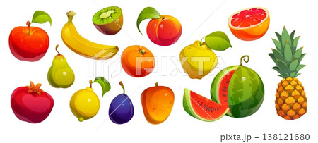 Cartoon raw, ripe fruits, vector food and summer harvest berries. Isolated orange, watermelon slice and peach, apple, pomegranate, banana, pineapple and lemon citrus, ripe mango, kiwi and plum 138121680
