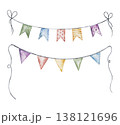 Watercolor Cute multicolor garlands, Colorful flags hanging on isolated background. celebration design element. Hand drawn kids illustration for baby shower greeting cards, birthday banners, and 138121696
