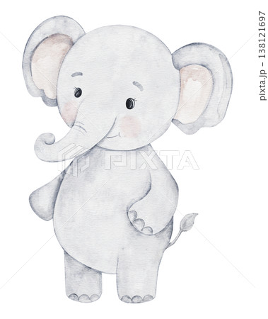Cute baby elephant hand painted in watercolor. Perfect for a baby boy or girl shower, nursery decorations, or birthday invitations. Kids decor and playful toy. Transparent background 138121697
