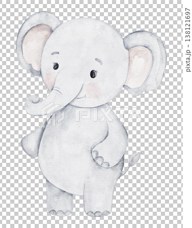Cute baby elephant hand painted in watercolor. Perfect for a baby boy or girl shower, nursery decorations, or birthday invitations. Kids decor and playful toy. Transparent background 138121697