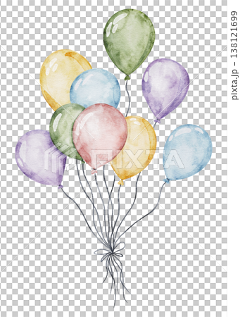 Big bundles of balloons for kids' birthday parties. Colorful Air Balloons. Hand drawn Watercolor illustration with multicolored round Ballons for greeting card, invitation, wall sticker. Transparent 138121699