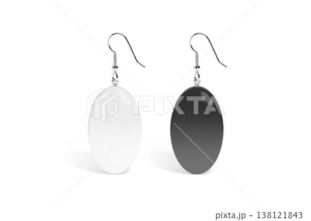 Blank black and white single ellipse earring mockup stand png, transparent background, 3d rendering. Empty round hoops for woman accessories mock up cut out. Clear oval elegance earrings template. Blank black and white single ellipse earring mockup stand png, transparent background, 3d rendering. Empty round hoops for woman accessories mock up cut out. Clear oval elegance earrings template. 138121843