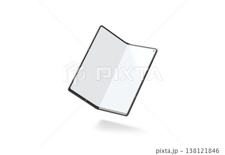 Blank white flexible book phone display half opened mockup png, transparent background, 3d rendering. Empty flip smartphone innovation mock up cut out. Clear transforming clamshell with bent screen. 138121846