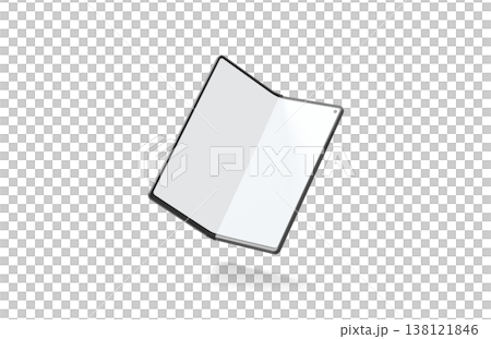 Blank white flexible book phone display half opened mockup png, transparent background, 3d rendering. Empty flip smartphone innovation mock up cut out. Clear transforming clamshell with bent screen. 138121846