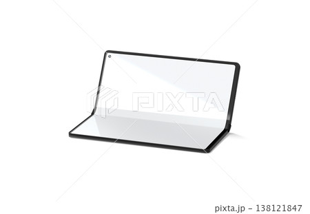 Blank white flexible book phone display half opened mockup png, transparent background, 3d rendering. Empty foldable clamshell led touchscreen mock up cut out. Clear elastic transform gadget template. 138121847