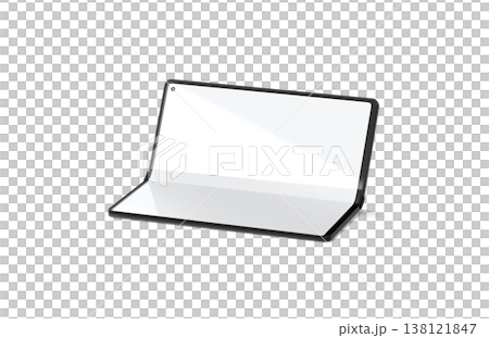 Blank white flexible book phone display half opened mockup png, transparent background, 3d rendering. Empty foldable clamshell led touchscreen mock up cut out. Clear elastic transform gadget template. 138121847