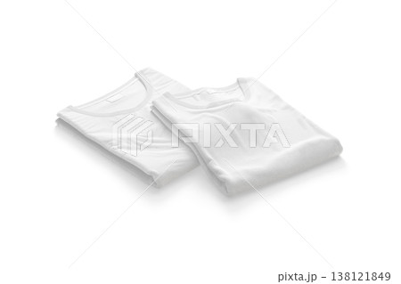 Blank white folded square t-shirt mockup pair png, transparent background, 3d rendering. Empty undervest garment with neckline tag mock up cut out. Clear new jersey tshirt for sport outfit template. Blank white folded square t-shirt mockup pair png, transparent background, 3d rendering. Empty undervest garment with neckline tag mock up cut out. Clear new jersey tshirt for sport outfit template. 138121849