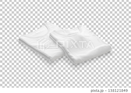 Blank white folded square t-shirt mockup pair png, transparent background, 3d rendering. Empty undervest garment with neckline tag mock up cut out. Clear new jersey tshirt for sport outfit template. Blank white folded square t-shirt mockup pair png, transparent background, 3d rendering. Empty undervest garment with neckline tag mock up cut out. Clear new jersey tshirt for sport outfit template. 138121849