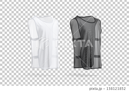 Blank black and white football practice vest with straps mockup png, transparent background, 3d rendering. Empty safety bib for soccer player mock up cut out. Clear sports mesh uniform template. 138121852