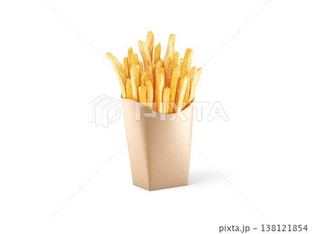 Blank craft paper pack with french fries mockup png, transparent background, 3d rendering. Empty salted finger chips packaging mock up cut out. Clear takeaway container with fried fast food template. 138121854