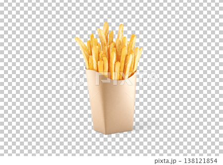 Blank craft paper pack with french fries mockup png, transparent background, 3d rendering. Empty salted finger chips packaging mock up cut out. Clear takeaway container with fried fast food template. 138121854