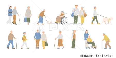 シニアの日常生活と介護シーンの人物イラストセット(高齢者・外出・散歩・車椅子) シニアの日常生活と介護シーンの人物イラストセット(高齢者・外出・散歩・車椅子) 138122451