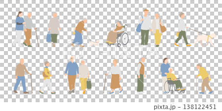 シニアの日常生活と介護シーンの人物イラストセット(高齢者・外出・散歩・車椅子) シニアの日常生活と介護シーンの人物イラストセット(高齢者・外出・散歩・車椅子) 138122451