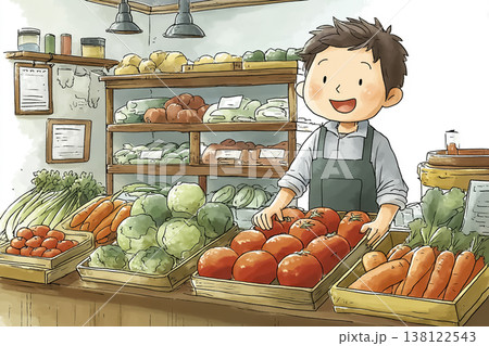 八百屋で働く男性店員|新鮮な野菜を並べる仕事イメージ 八百屋で働く男性店員|新鮮な野菜を並べる仕事イメージ 138122543