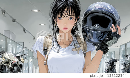 バイク用品店でヘルメットを持つ若い女性ライダー｜装備選びを表すバイクイメージ 138122544