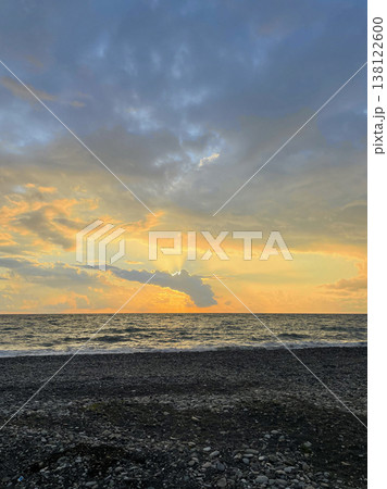 Perfect sunset sky, sea and beach. Perfect orange and blue colors nature background Perfect sunset sky, sea and beach. Perfect orange and blue colors nature background 138122600