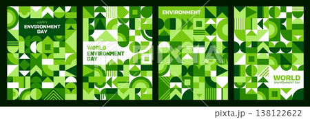 World Environment Day posters with green geometric pattern background, vector ecology and eco nature concept. Green circle, square and triangle abstract shapes pattern posters of World Environment Day World Environment Day posters with green geometric pattern background, vector ecology and eco nature concept. Green circle, square and triangle abstract shapes pattern posters of World Environment Day 138122622