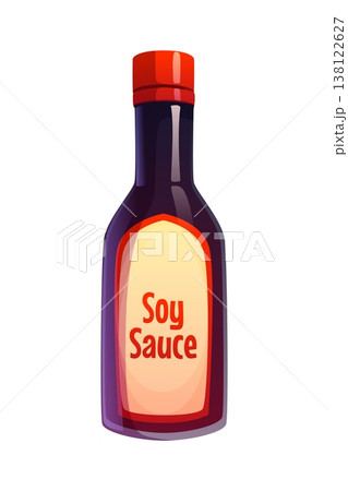 Cartoon soy sauce bottle with glossy glass body, red cap and label. Isolated vector condiment for cooking Asian meals, kitchen food condiment and pantry ingredient for oriental recipes 138122627