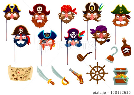 Caribbean pirates party photo booth props and masks, hats, beards, swords, map, hook, and treasure chest with pipe and rum bottle. Cartoon vector party decorations, accessories, for kids and events 138122636