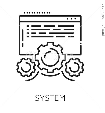 Business LMS software line icon. Business training program outline symbol, learning management system vector icon. LMS technology innovation pictogram with app or program window and cogwheels Business LMS software line icon. Business training program outline symbol, learning management system vector icon. LMS technology innovation pictogram with app or program window and cogwheels 138122637