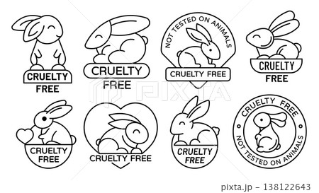 Cruelty free icons with vector line rabbit or bunny animals in heart and round frames. Vegan, natural organic beauty product stamps, makeup cosmetics and perfume badges with cruelty free bunny icons Cruelty free icons with vector line rabbit or bunny animals in heart and round frames. Vegan, natural organic beauty product stamps, makeup cosmetics and perfume badges with cruelty free bunny icons 138122643