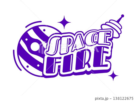 Purple Y2K streetwear space fire icon or emblem. Apparel typography Y2K label element, brand text retro isolated vector emblem. Clothing graphic vintage print or streetwear futuristic funky icon 138122675