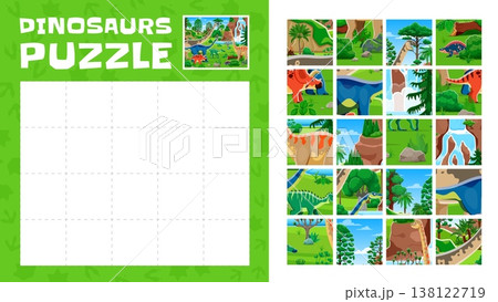 Dinosaur animals jigsaw puzzle quiz logic game. Jurassic era reptile animal jigsaw puzzle vector worksheet with Paralititan, Quaesitosaurus, Shantungosaurus and Arrhinoceratops in rainforest landscape 138122719