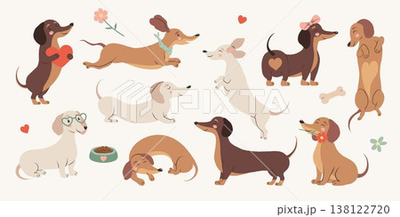 Hand drawn whimsical vector dachshund set in soft pastel palette with beige, brown and blush tones. Cute minimal dogs with playful poses. Perfect for stickers, cards, nursery decor and branding 138122720