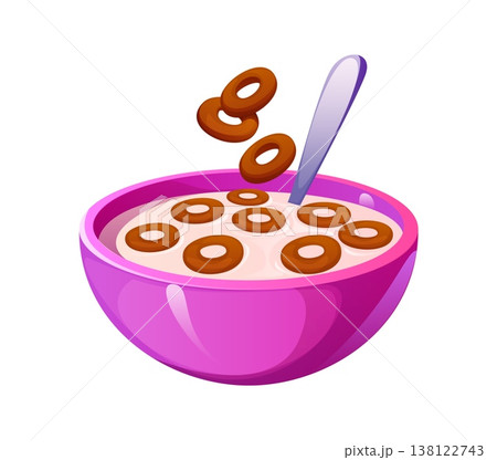Breakfast bowl with milk and cereal chocolate ring pieces falling inside showing food preparation process with spoon and creamy liquid. Cartoon vector isolated kitchen scene with morning healthy meal Breakfast bowl with milk and cereal chocolate ring pieces falling inside showing food preparation process with spoon and creamy liquid. Cartoon vector isolated kitchen scene with morning healthy meal 138122743