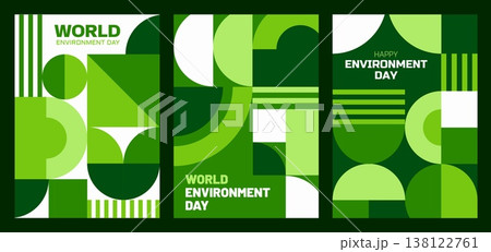 Environment Day posters with green geometric pattern, vector ecology, eco planet and nature. Abstract modern background with minimal pattern of green shapes for Environment Day eco posters set 138122761