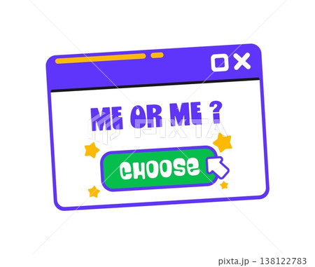 Choose me computer window Y2K groovy sticker or vintage label. Retro 60s Y2K vector sticker or label. Funny 80s funky patch or vintage positive groovy tag with computer window and mouse arrow pointer Choose me computer window Y2K groovy sticker or vintage label. Retro 60s Y2K vector sticker or label. Funny 80s funky patch or vintage positive groovy tag with computer window and mouse arrow pointer 138122783